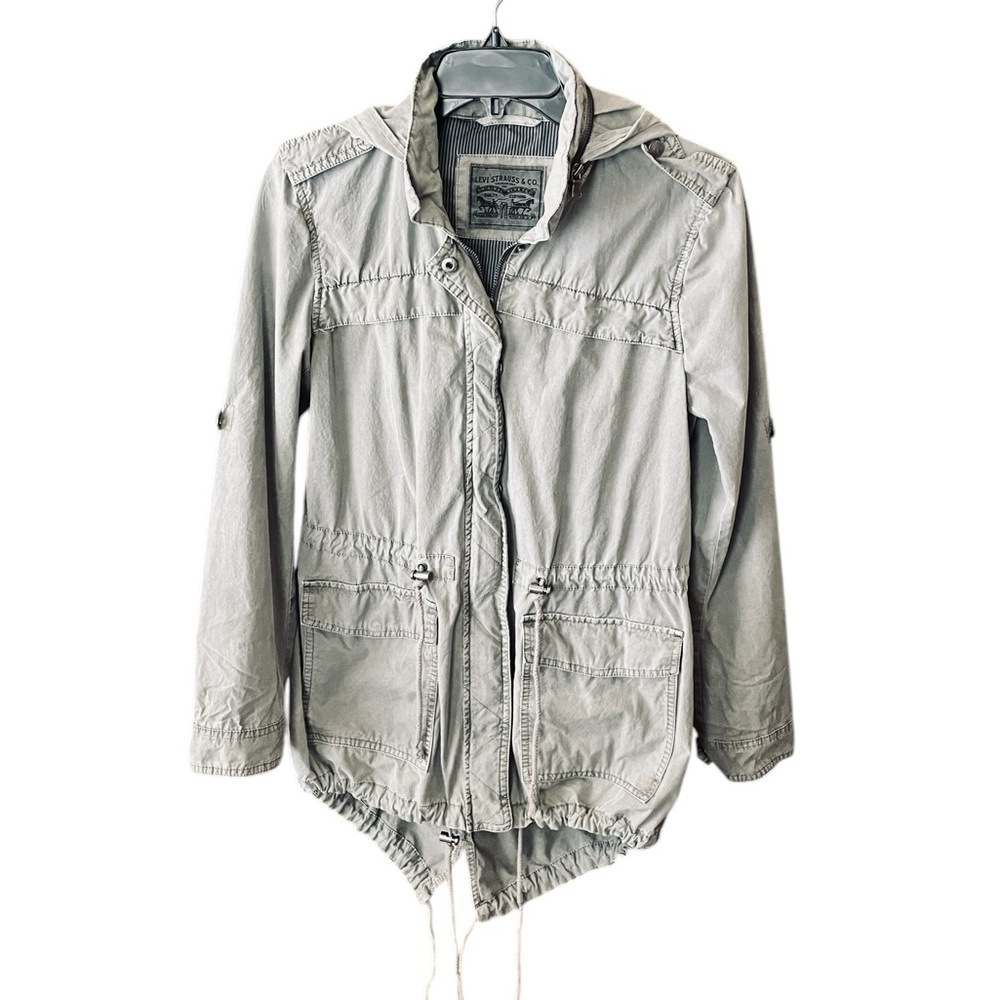 Levi’s women’s hooded utility jacket roll tab sleeves drawstring waist SZ S gray